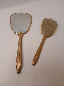 Vintage 1950s Art Deco Mirror And Brush, Gold Tone, Red Enamel, Swallow Emblem - Bild 1 von 7