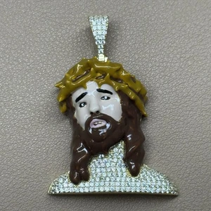 Jesus Head Face Enamel 925 Gold Plated Sterling Silver Pendant Cz 6.2mm Bail - Picture 1 of 8