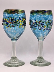 Pair Mexican Glass Hand Blown Fused Glass Wine Glasses Textured Confetti 7.75” - Picture 1 of 6