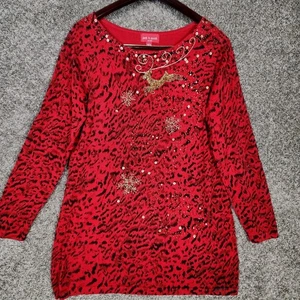 Top túnica navideña rápida Jack B de colección talla L estampado de leopardo rojo lentejuelas doradas cuentas - Imagen 1 de 16