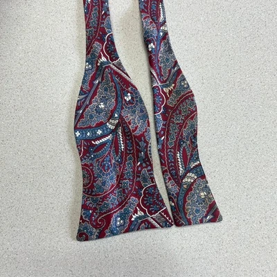 Burgundy Vintage Blue Paisley Bow Tie Cravat 3in x 17in Formal Fashion Accessory - Image 1 of 4