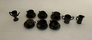 Antique Metal Child's Dollhouse Teaset-15 Pce Set Cup, Saucers, Pitchers, Goblet - Picture 1 of 12