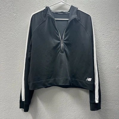 New Balance Women’s Size Large Cropped Hoodie 1/2 Zip Black W/ White Stripe - Image 1 of 4