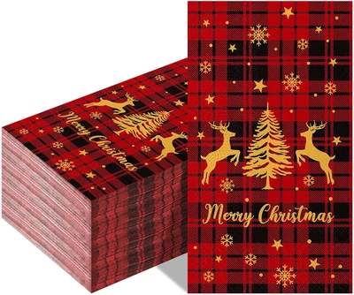 100Pcs Merry Christmas Red Buffalo Plaid Paper Napkins Disposable Cocktail NEW - Image 1 of 4
