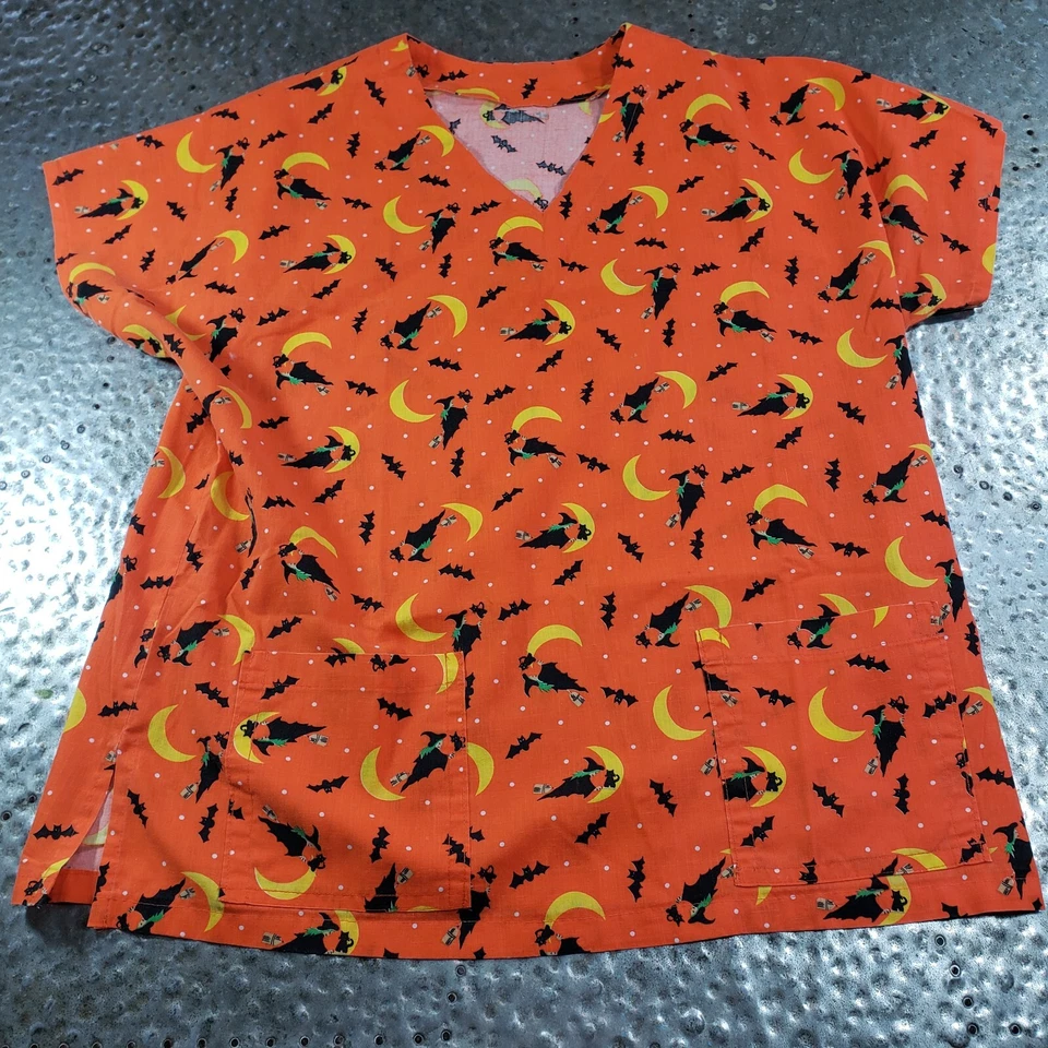 Blusa esfoliante feminina laranja Halloween, bruxas e morcegos, muito bom estado - Imagem 1 de 3