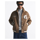 NEW Zara Varsity Jacket Mens Large Bomber Patches Faux Suede Brown