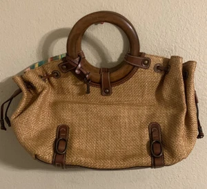 Fossil burlap wood handle bag, strap included - Picture 1 of 10