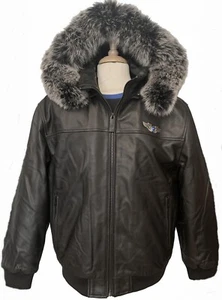 Men's GENUINE Lamb leather with GENUINE fox fur hood trim - Sizes 42-44-46 - Picture 1 of 23