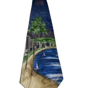 Tropical Hawaiian handmade men’s tie with Waikiki theme blue tan multi colored - Picture 1 of 11