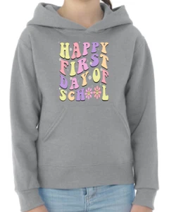 Happy First Day of School Groovy Letter Hooded Sweatshirt - Picture 1 of 12
