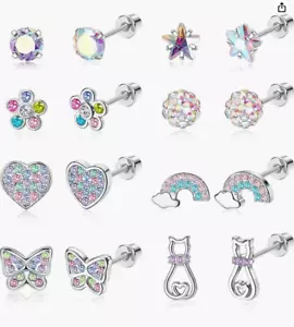 Earings Sterling Silver 925 Girls 8 Sets Butterfly Rainbow Cat Multi Pack Child - Picture 1 of 5