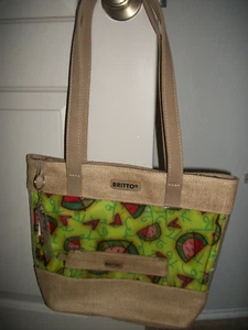 ROMERO BRITTO JUTE TOTE & MATCHING WRISTLET WATERMELON & HEARTS & LOVE KEY RING - Picture 1 of 6