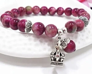 Natural Crystal Crown Pendant Bracelet . Hand Woven. Burgundy / Pink - Picture 1 of 6