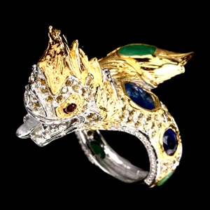 EMERALD KYANITE SAPPHIRE THAI DRAGON RING .925 STERLING SILVER 14K WGP SZ 9 - Picture 1 of 3