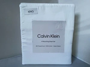 Calvin Klein KING WHITE SHEET SET 300 TC 4 PC 100% Cotton SATEEN WEAVE - Picture 1 of 3