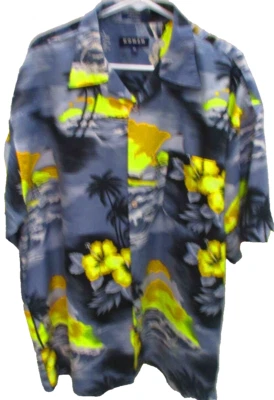 Koman Sport 夏威夷衬衫,S/S,XL,灰色带风冲浪者、棕榈和花朵 — 第 1/4 张图片