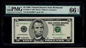 Star 1999 5 $ Federal Reserve Note Richmond PMG GEM UNC 66 EPQ - Bild 1 von 2