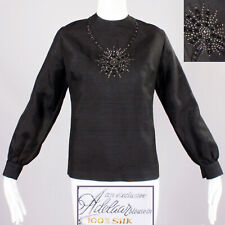 XL Plus Vintage 50s ADELAAR Silk Blouse Black Dupioni Rhinestone Long Sleeve Top