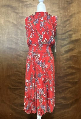 Nanette Lepore Smocked High Neck Pleated Dress Womens 10 Red Floral Sleeveless - Image 1 of 4