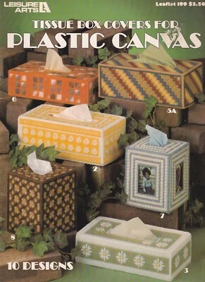 TISSUE BOX COVERS For Plastic Canvas Pattern Leaflet Leisure Arts 199 - Image 1 of 2