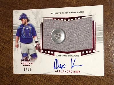 ALEJANDRO KIRK 2019 LEAF TRINITY AUTOGRAPH BUTTON PATCH #1/10 BLUE JAYS ALL-STAR - Image 1 of 2