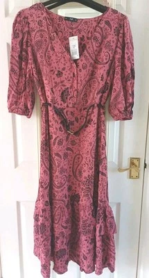 Vestido Pretty Boho Paisley Floral Rosa Negro Mezcla Midi Cinturón 👗 Nuevo con etiquetas 14 12 F&F  Foto 1 de 4