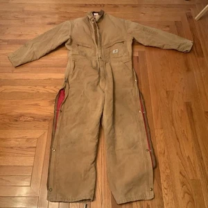 Vtg Carhartt Made In USA Men's 44S Insulated Tan Distressed Chore Coveralls Work - Picture 1 of 18