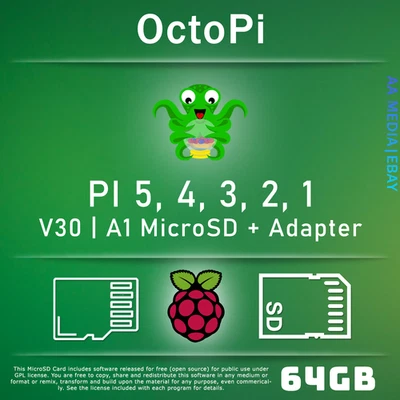 64GB or 128GB OctoPi OctoPrint 3D Preloaded Micro SD Card RaspBerry Pi 5, 4, 3 2 - Image 1 of 3