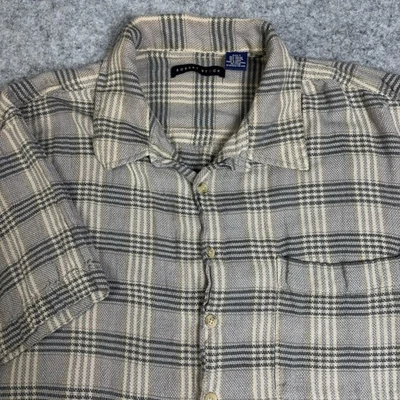 Camisa de campamento Robert Stock cuello bucle para hombre 3XLT beige a cuadros lino mezcla de rayón  Foto 1 de 4