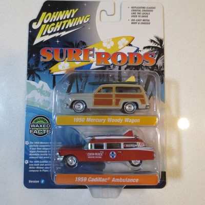 Johnny Lightning Surf Rods 1950 Mercury Woody Wagon + 1959 Cadillac Ambulance - Image 1 of 3