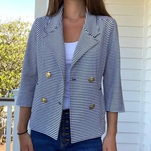 Cabi Womens Nautical Stripes Blazer Jacket Size Large Navy Blue Doulbe Breasted - Picture 1 of 9