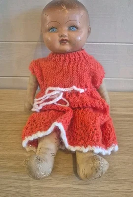 Antigua cabeza de muñeca de celuloide alemana de los años 30 40 - cuerpo de tela de trapo bebé niña Foto 1 de 4