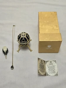 Blue Faberge Egg Replica Trinket Box With Rosebud and Pendant Handmade in Russia - Picture 1 of 24