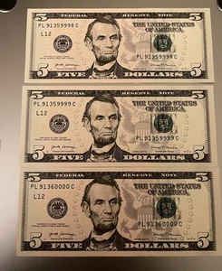 Crisp Sequential $5 Dollar Bills Fancy Serial Number Lot of 3 Consecutive UNC - Picture 1 of 4