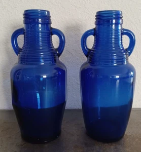 2 botellas de vidrio azul Luna Café azul cobalto doble mango cuello acanalado 7" de alto - Imagen 1 de 17