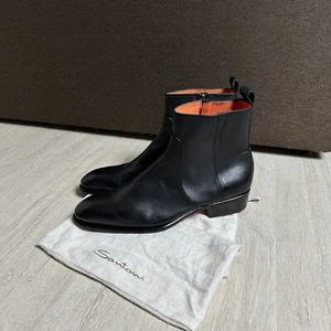 Santoni Almond Toe Ankle Leather Zipper Boots Men's Black Size US 10/ UK 9 - Picture 1 of 18