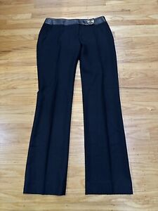 GUCCI Size 46 Wool Flat Front Black Pants Gold Tone Buckle Leather Trim Italy