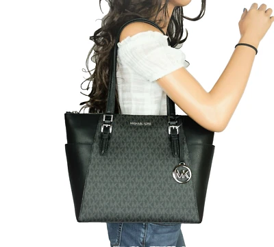 Michael Kors Charlotte Large Top Zip Shoulder Tote Bag MK Black - Image 1 of 4