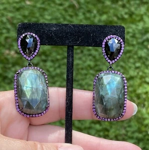 Rarities Carol Brodie 925 Labradorite,  Rhodolite, & Black Spinel Drop Earrings - Picture 1 of 11