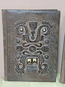 VINTAGE BOOK ALBUM LEATHER HEAVY LARGECOVERS HANDMADE HAND TOOLED FOLK ORNAMENT  - Picture 1 of 12