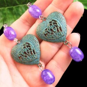 2Pcs Purple Blue Dragon Veins Agate Drum Brass Bronze Heart Pendant SG2953