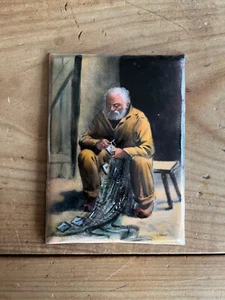 Antique Miniature Painting N68 Old Fisherman Enamels Signed C Faure - Picture 1 of 3
