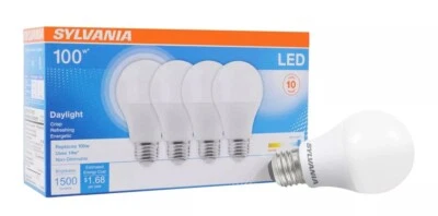 SYLVANIA LED A19 Light Bulb, 100W=14W, Non-Dimmable, 1500LM, Daylight, 4 Pk - Image 1 of 4