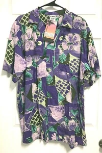 ISLANDER Men Purple Floral Print Button Up Casual Hawaiian Rayon Shirt L NEW TAG - Picture 1 of 4
