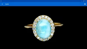 NATUR 8 X 10 mm. OVALER BLAUER LARIMAR & WEISSER CZ RING 925 STERLINGSILBER GR. 7,75 - Bild 1 von 3