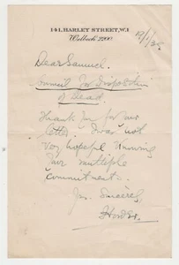 Lord Horder (1871-1955), médico, 1939 carta autógrafa al vizconde Samuel - Imagen 1 de 1