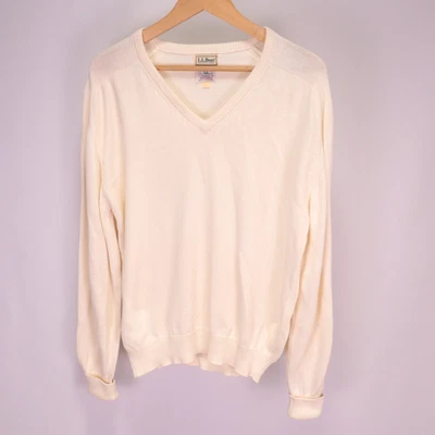 Винтажный LL Bean классический 100% хлопок свитер большой кремовый v-образным вырезом опрятный сделано в США - Изображение 1 из 4