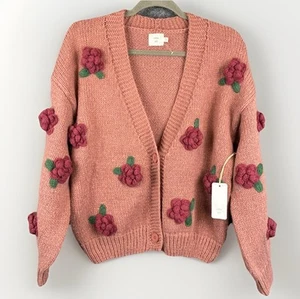NWT Luna Ivy Cardigan Sweater S 3D Roses Flower Pink Red Button Up Cottage Open - Picture 1 of 12