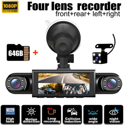 HD 1080P 360° Dash Cam 4 Channel Driving Recorder Car Front+Rear Camera +64GB - Image 1 of 4