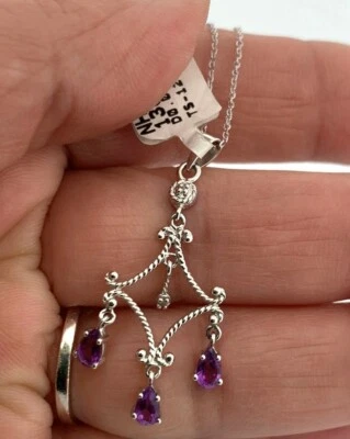 Dainty Amethyst & Diamond Pendant Necklace in 14k White Gold - Image 1 of 4